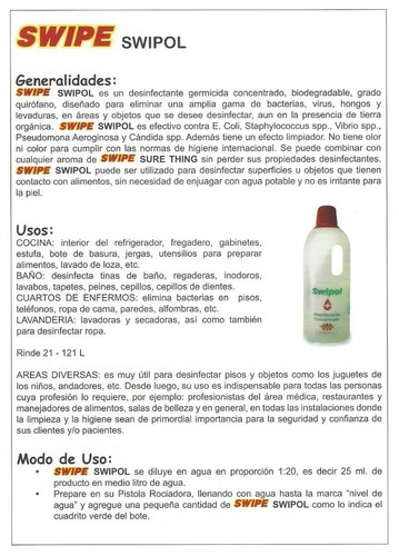 Imagen 3 de 4 de Desinfectante Antibacterial Concentrado Swipol Swipe 1 Litro